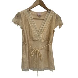 Xhilaration Lace Wrap Top Sheer Vintage Y2K Tie Blouse Beige Size S